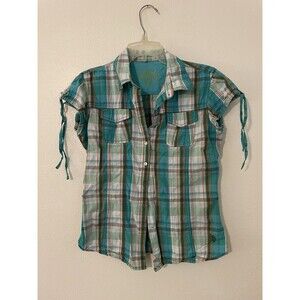 US Polo Assn Shirt Womens Medium Button Front Puff Sleeve Plaid Multicolor Blue